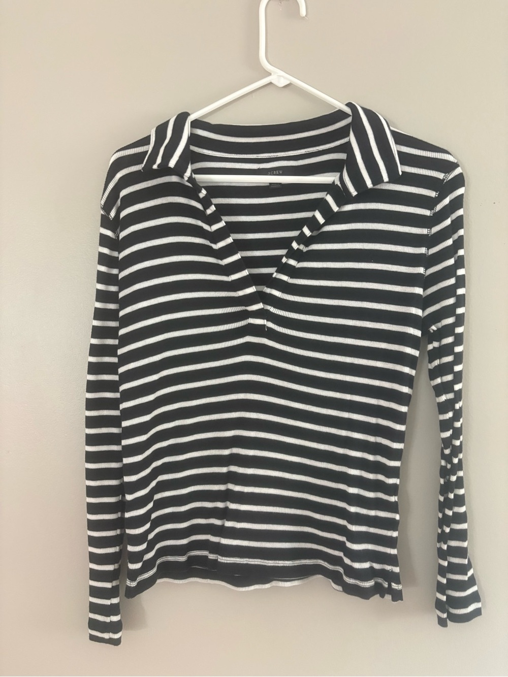 J. Crew Black & White Striped Long-Sleeve Polo Top